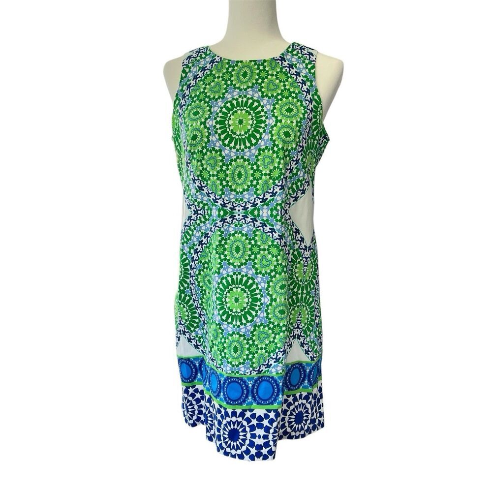 London Times Geometric Print Sleeveless‎ Sheath Dress Green Blue White US 10